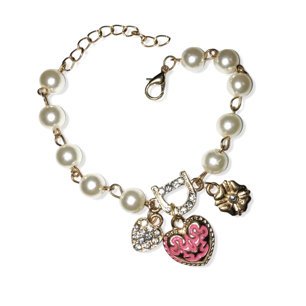 Heart Charm Bracelet Faux Pearl Links Vintage Gold Tone Valentine’s Day Gift